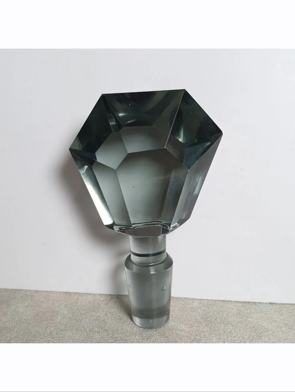 Antique Art Deco Bohemian Smokey Green Glass Geometric Decanter Bottle Cup Set